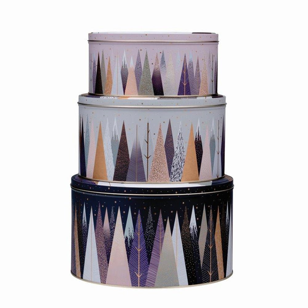 Sara Miller Frosted Pines Christmas Set of 3 Round Cake Tins 250 (d) x 145mm 225 (d) x 120mm 195 (d) x 95mm "