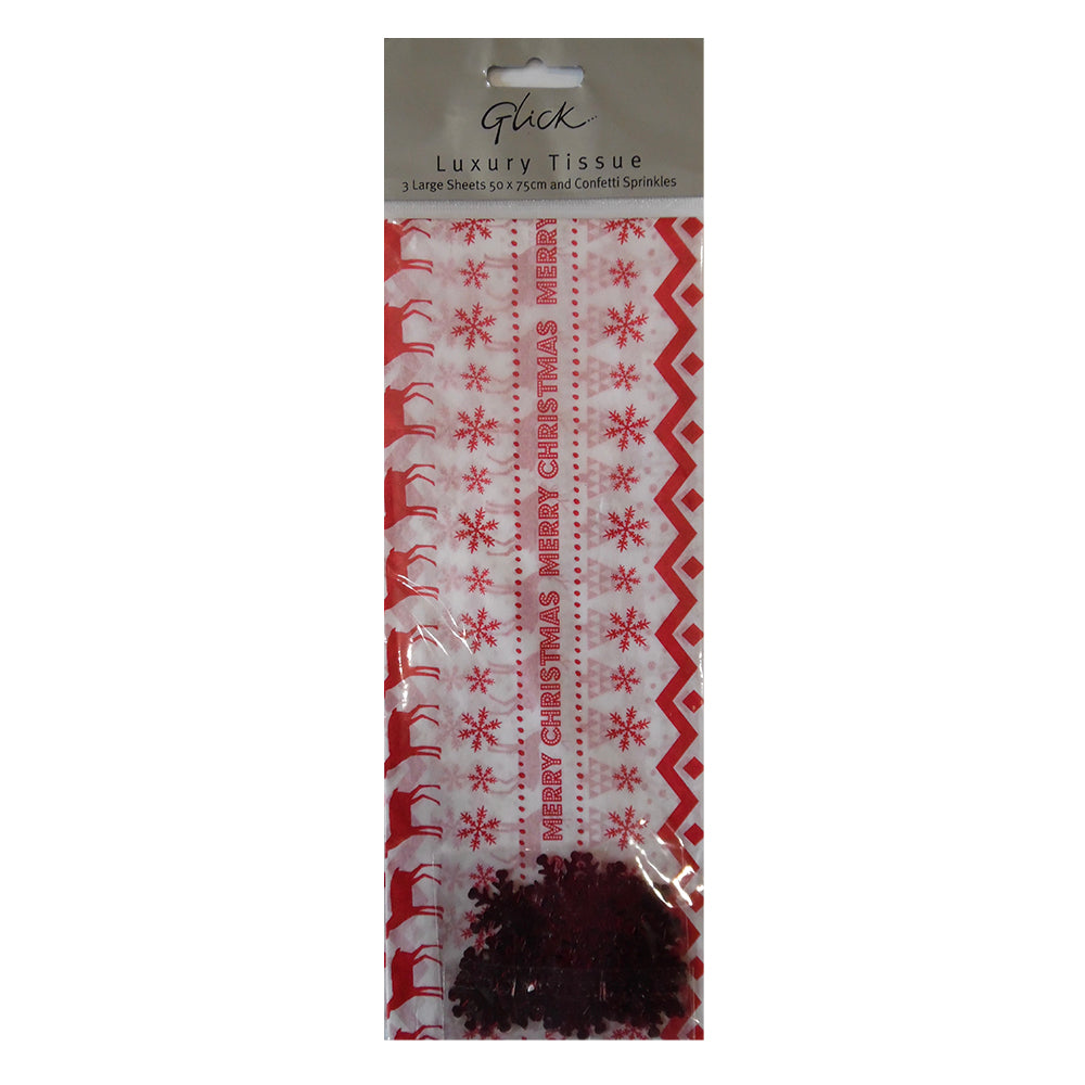 Merry Christmas with Confetti White Red Tissue Paper 4 Sheets of 50 x 75 cm Glick Tissue Wrapping Paper