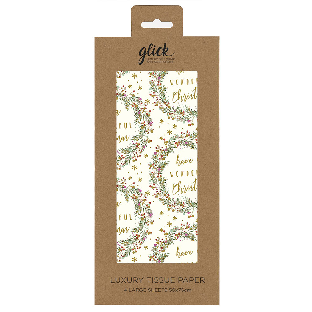WONDERFUL WREATH cream christmas Tissue Paper 4 Sheets of 50 x 75 cm Glick Tissue Wrapping Paper