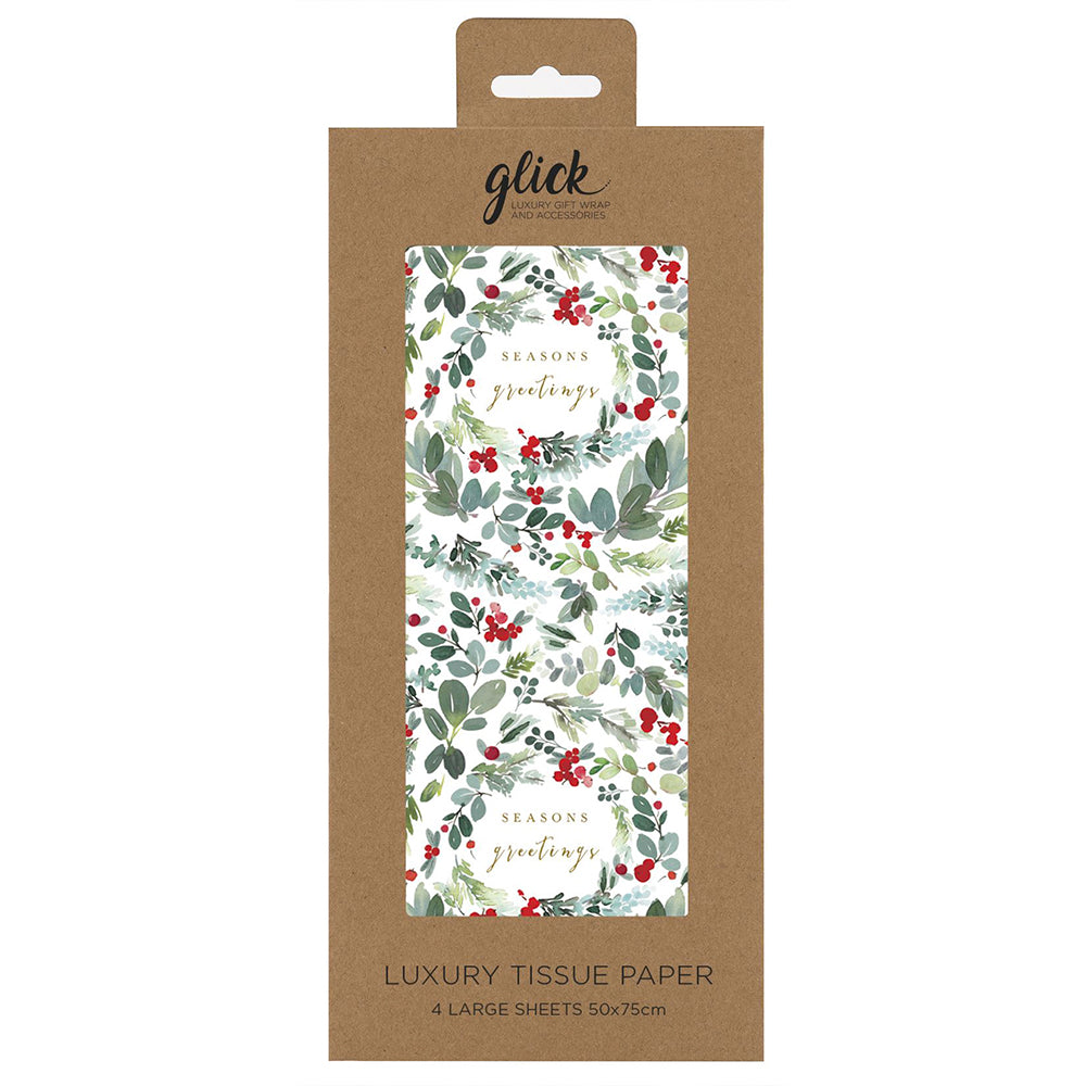 Christmas Foliage White Tissue Paper 4 Sheets of 50 x 75 cm Glick Tissue Wrapping Paper