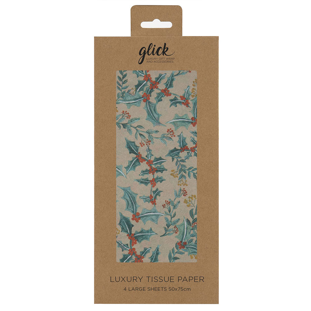 HOLLY linen red berries Tissue Paper 4 Sheets of 50 x 75 cm Glick Tissue Wrapping Paper