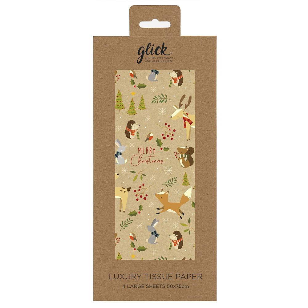 Christmas in the Wood Kraft Animals Tissue Paper 4 Sheets of 50 x 75 cm Glick Tissue Wrapping Paper