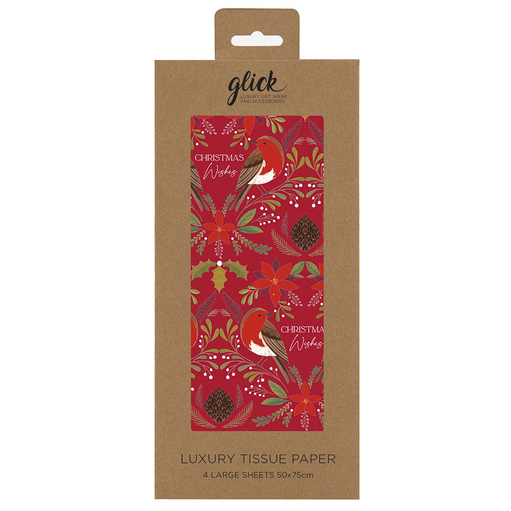 Christmas Wishes Red Robins Tissue Paper 4 Sheets of 50 x 75 cm Glick Tissue Wrapping Paper