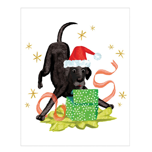 Caspari Christmas Cards Black Lab with Gift by Masaki Ryo 96mm x 120mm 5 in a pack with envelopes