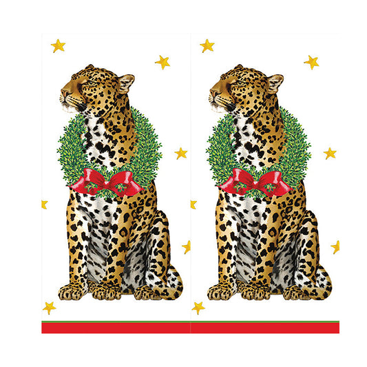 Wild Christmas Leopard Caspari Paper Pocket Tissues - 2 packs of 10 tissues 21 cm square