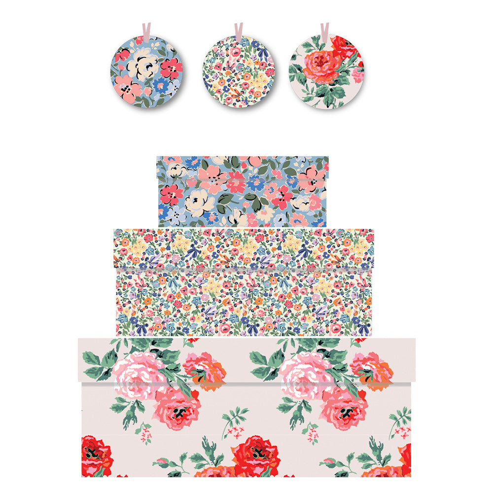 Cath Kidtson Archive Rose Nest of 3 Boxes Size: small 165 x 50 x 110mm Medium: 230 x 90 x 165mm Large: 310 x 130 x 225mm