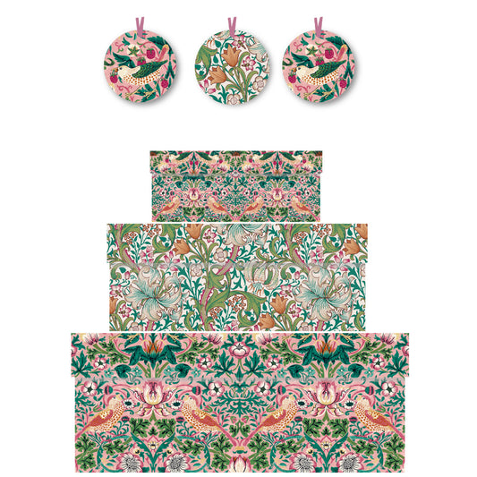 Morris and Co William Morris Strawberry Thief Blush Nest of 3 Boxes Size: small 165 x 50 x 110mm Medium: 230 x 90 x 165mm Large: 310 x 130 x 225mm