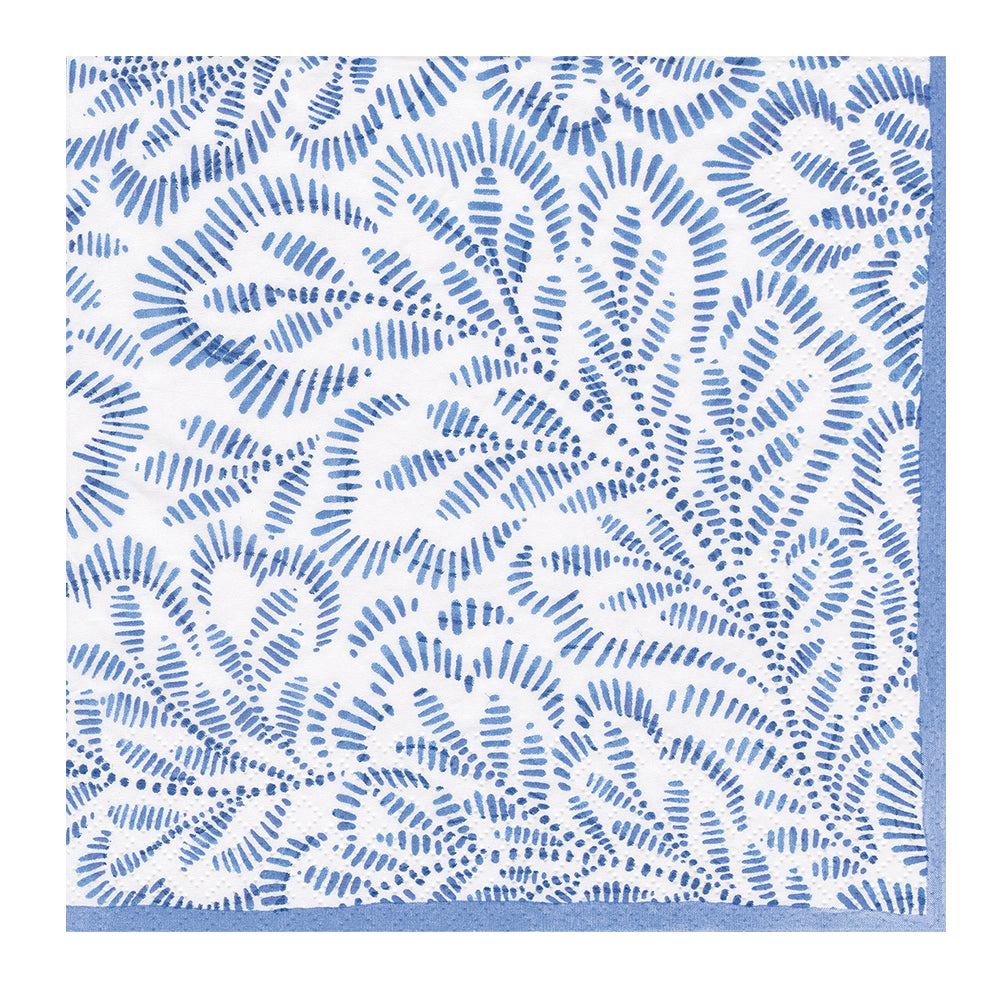 Blue Block Print Leaves Caspari Paper Dinner Napkins 40 cm square 3 ply 20 pack