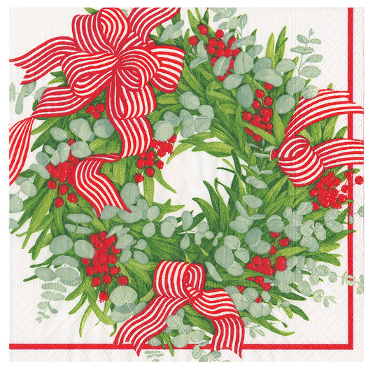 Ribbon Stripe Wreath Christmas WInter Caspari Paper Table Napkins 40 cm square 3 ply dinner napkins