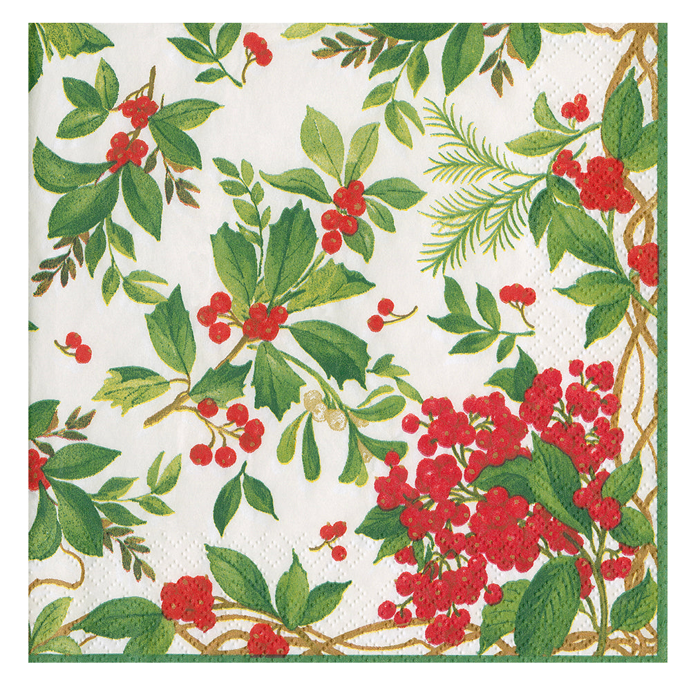 Holly Chintz Christmas by Pamela Gladding White Caspari Paper Table Napkins 33 cm square 3 ply lunch napkins