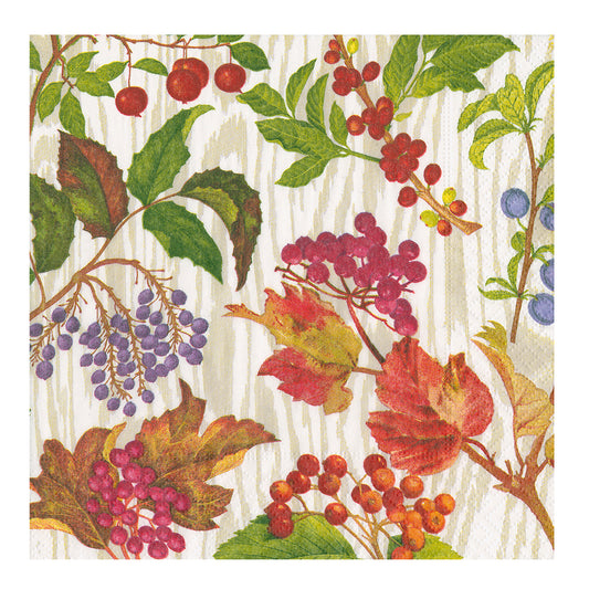 Taupe Berry Botanical Autumn Leaves and Berries Caspari Paper Dinner Napkins 40 cm square 3 ply 20 pack
