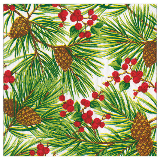 Christmas Evergreen and Berries White Caspari Paper Table Napkins 40 cm square 3 ply dinner napkins