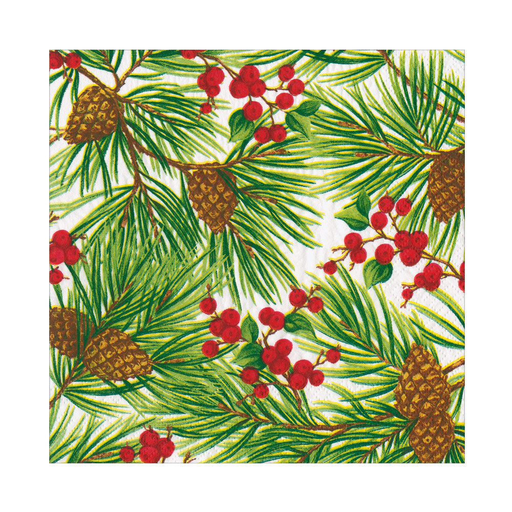 Evergreen and Berries White Christmas Caspari Paper Table Lunch Napkins 33 cm square 3 ply