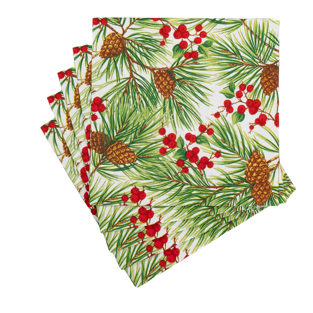 Evergreen and Berries White Christmas Caspari Paper Table Lunch Napkins 33 cm square 3 ply