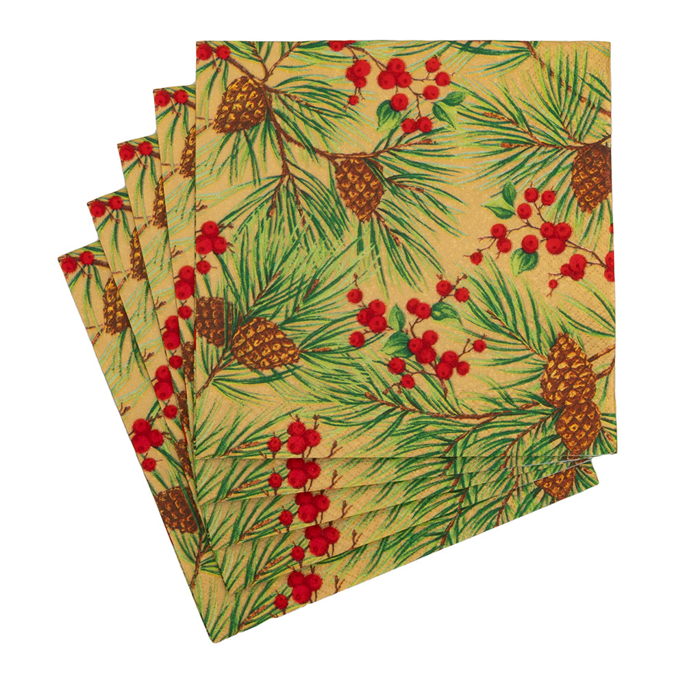 Evergreen and Berries Gold Christmas Caspari Paper Table Lunch Napkins 33 cm square 3 ply