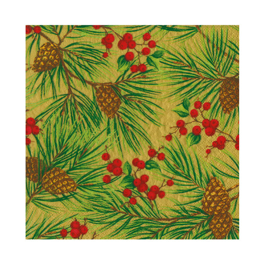 Evergreen and Berries Gold Christmas Caspari Paper Table Lunch Napkins 33 cm square 3 ply