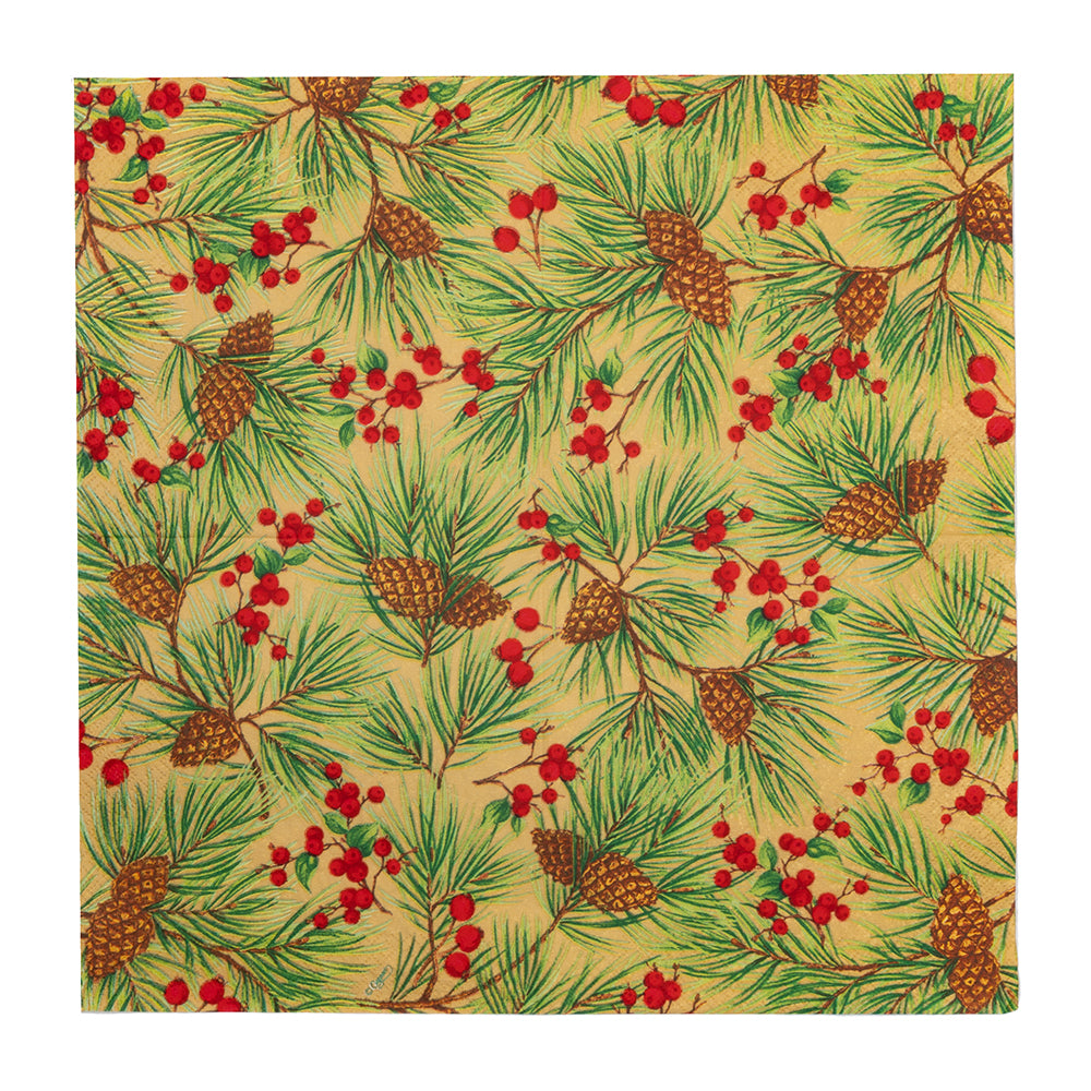 Evergreen and Berries Gold Christmas Caspari Paper Table Lunch Napkins 33 cm square 3 ply
