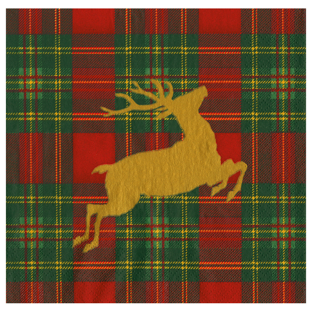 Reindeer Tartan Red Christmas Caspari Paper Table Lunch Napkins 33 cm square 3 ply