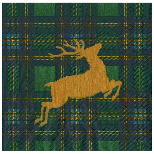Reindeer Tartan Green Christmas Caspari Paper Table Lunch Napkins 33 cm square 3 ply