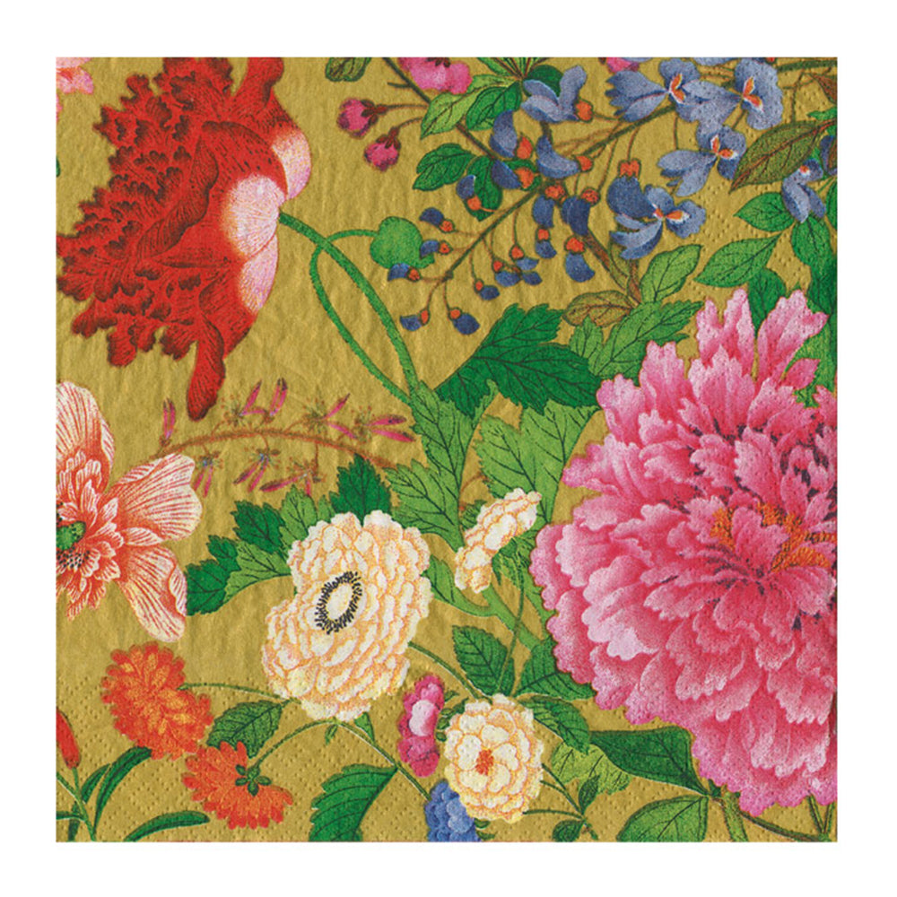 A Profusion Of Flowers 2 Gold Caspari Paper Cocktail Napkins 25 cm 20 pack 3 ply