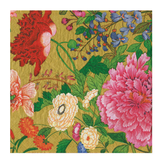 A Profusion Of Flowers 2 Gold Caspari Paper Cocktail Napkins 25 cm 20 pack 3 ply