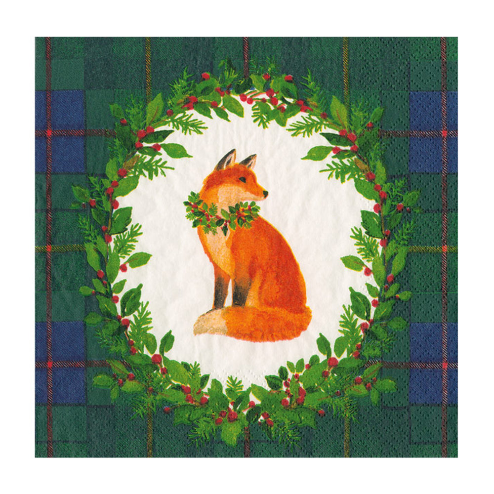 Tartan Fox Blue/Green Caspari Paper Cocktail Napkins 25 cm 20 pack 3 ply