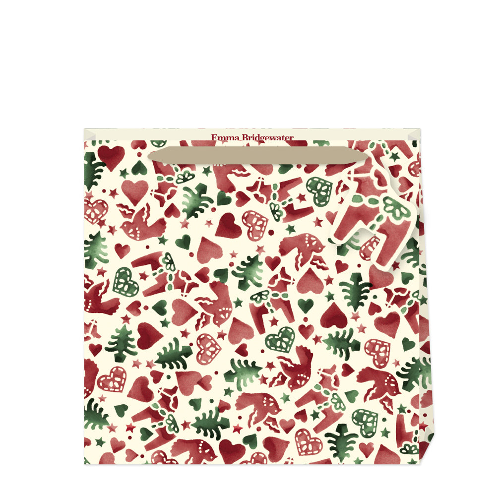 Emma Bridgewater Christmas Joy Red Green Medium Luxury Paper Gift Bag with tag 220 x 220 x 80 mm