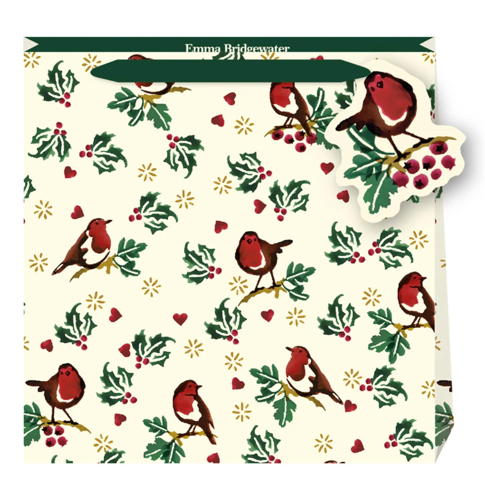 Emma Bridgewater Little Robin Christmas Medium Luxury Paper Gift Bag with tag 220 x 220 x 80 mm