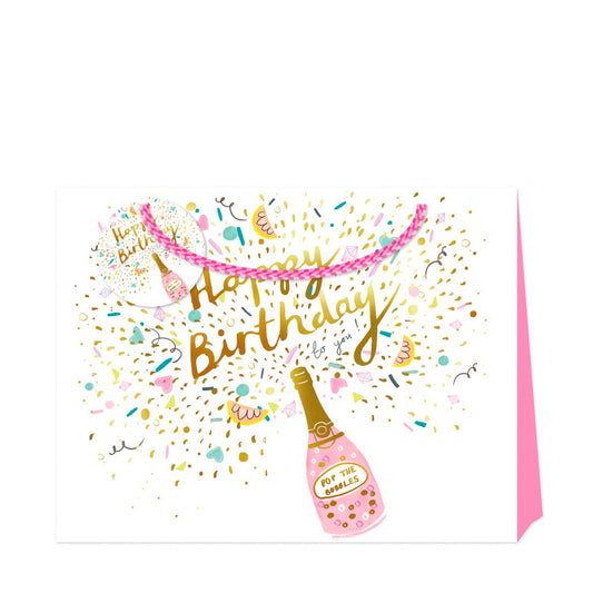 Louise Tiler Pop Fizz Clink Happy Birthday Shopper Luxury Paper Gift Bag with tag 365 x 275 x 120 mm