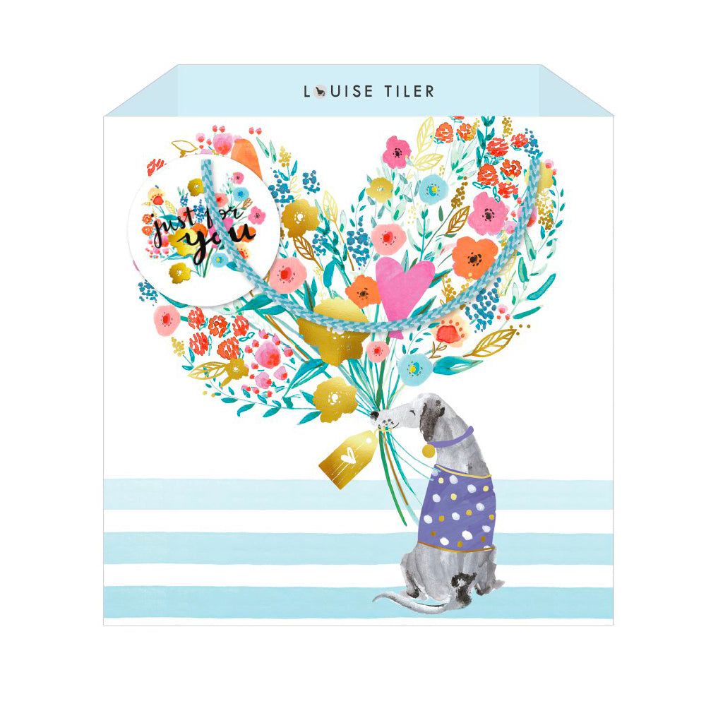 Louise Tiler Dog with Flowers Just for You Heart Medium Luxury Paper Gift Bag with tag 220 x 220 x 80 mm