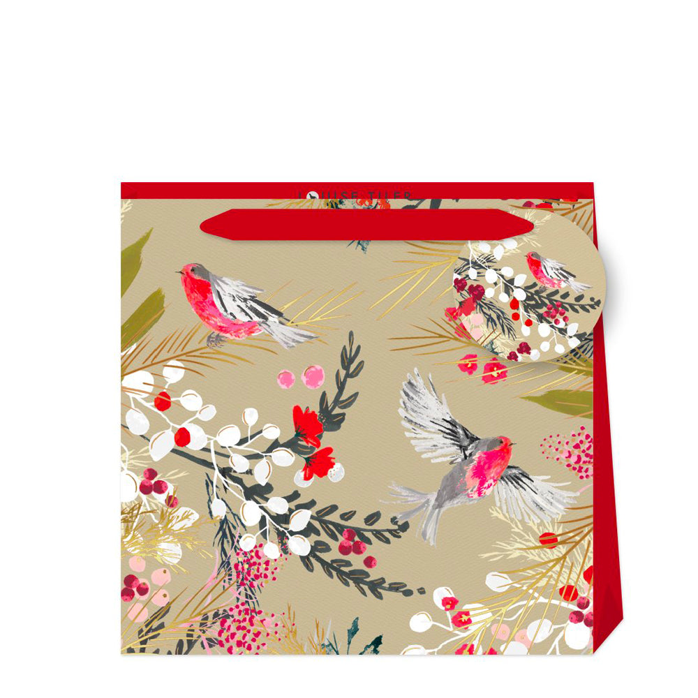 Louise Tiller Christmas Birds Small Luxury Paper Gift Bag, size: 130 x 130 x 70mm