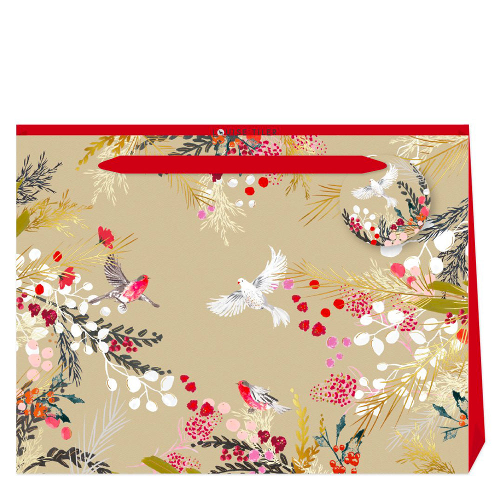 Louise Tiler Christmas Birds Shopper Luxury Paper Gift Bag with tag 365 x 275 x 120 mm