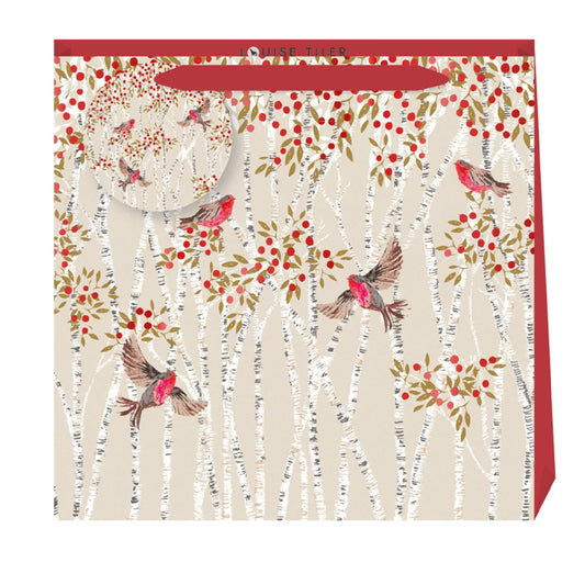 Louise Tiller Christmas Robins Medium Luxury Paper Gift Bag with tag 220 x 220 x 80 mm