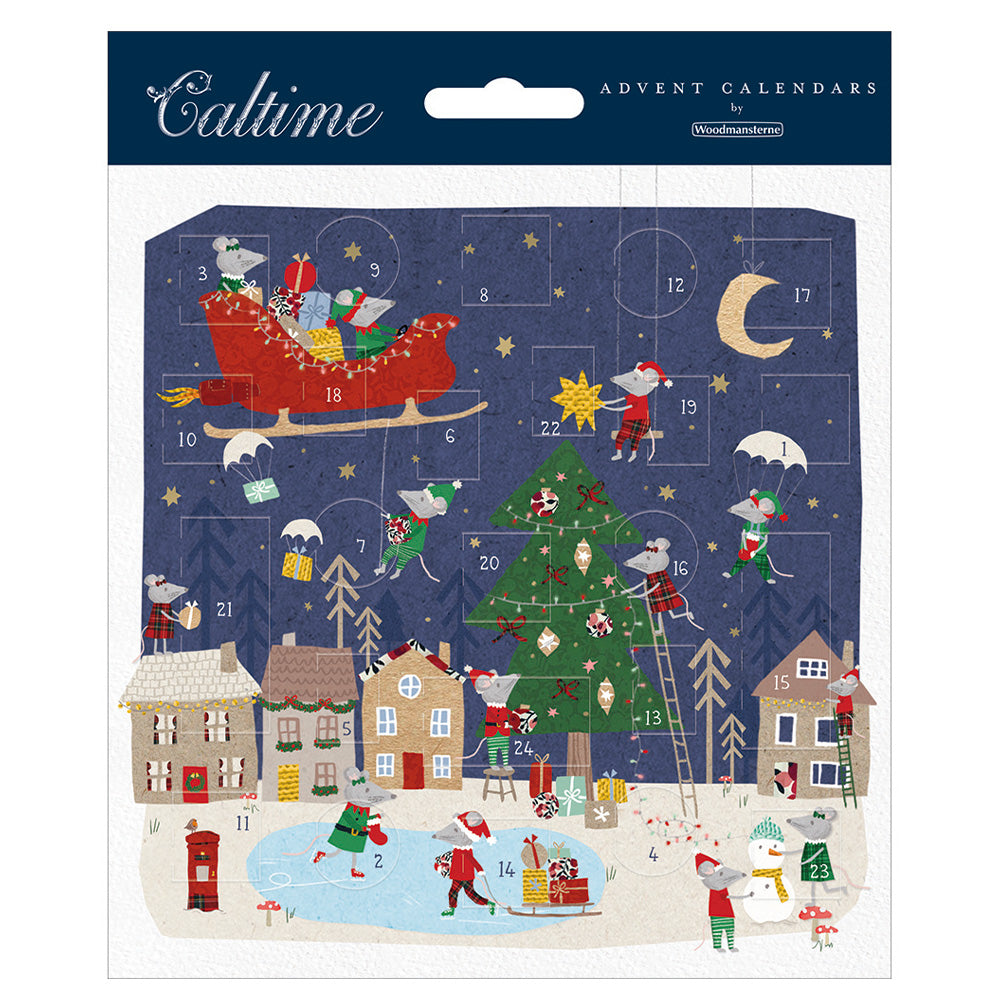 Santa Sleigh over Village Caltime Advent Calendar Card 160 x 160 mm