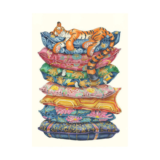 Tiger Asleep on a Pile of Cushions Card by Daniel Mackie - 7 x 5 inches with envelope