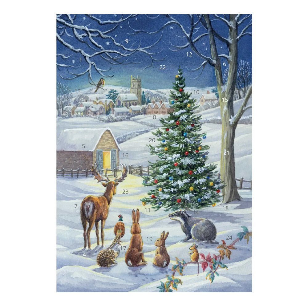 Snowy Landscape Porch Fairies Whimsical Animals Advent Calendar Card A5 + env