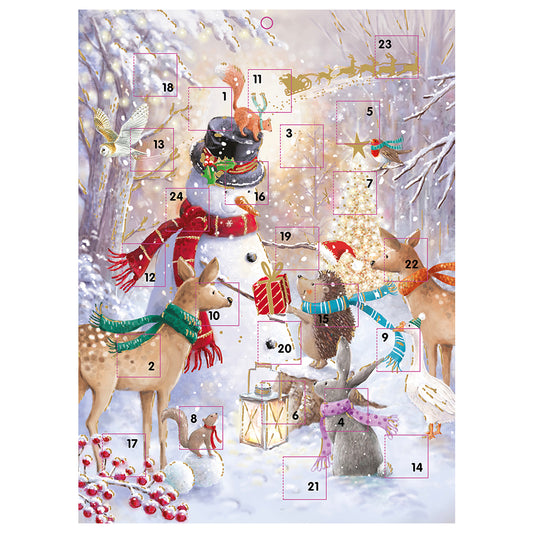 Snowman and Animals Woodland Friends Foiled Advent Calendar Ling 340 x 250 mm with white envelope