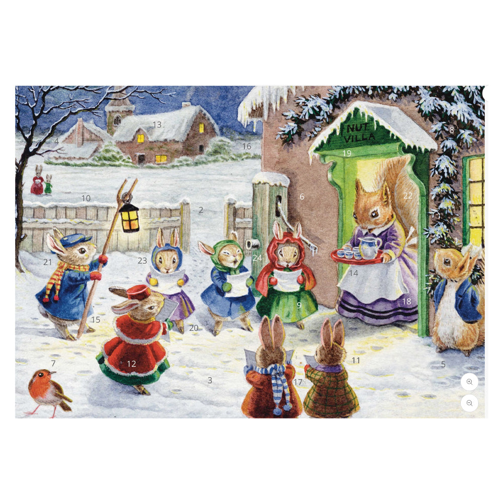 Carol Singers Porch Fairies Whimsical Animals Bunnies Advent Calendar A4