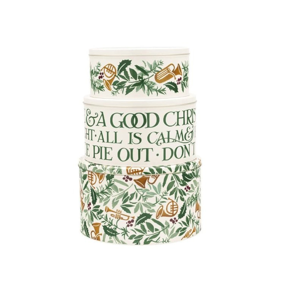 Emma Bridgewater Bring in the Green Christmas Tins Set of 3 Round Cake Tins 250 (d) x 145mm 225 (d) x 120mm 195 (d) x 95mm