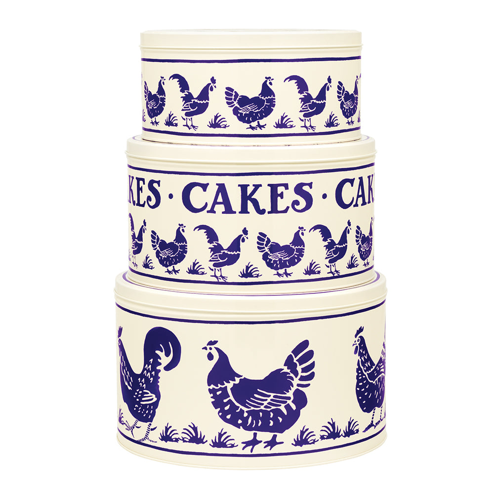 Emma Bridgewater Blue Hens Set  3 cake tins 250 (d) x 150mm 223 (d) x 120mm 195 (d) x 105mm