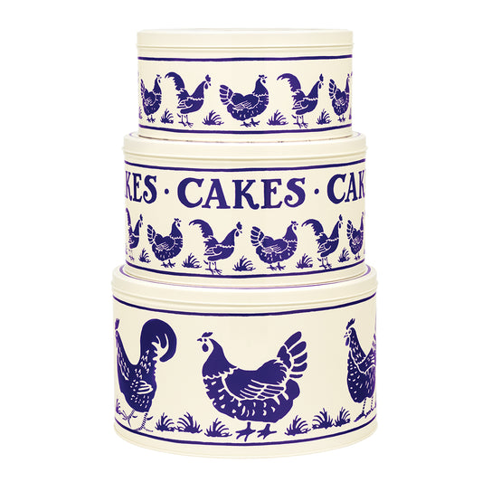 Emma Bridgewater Blue Hens Set  3 cake tins 250 (d) x 150mm 223 (d) x 120mm 195 (d) x 105mm