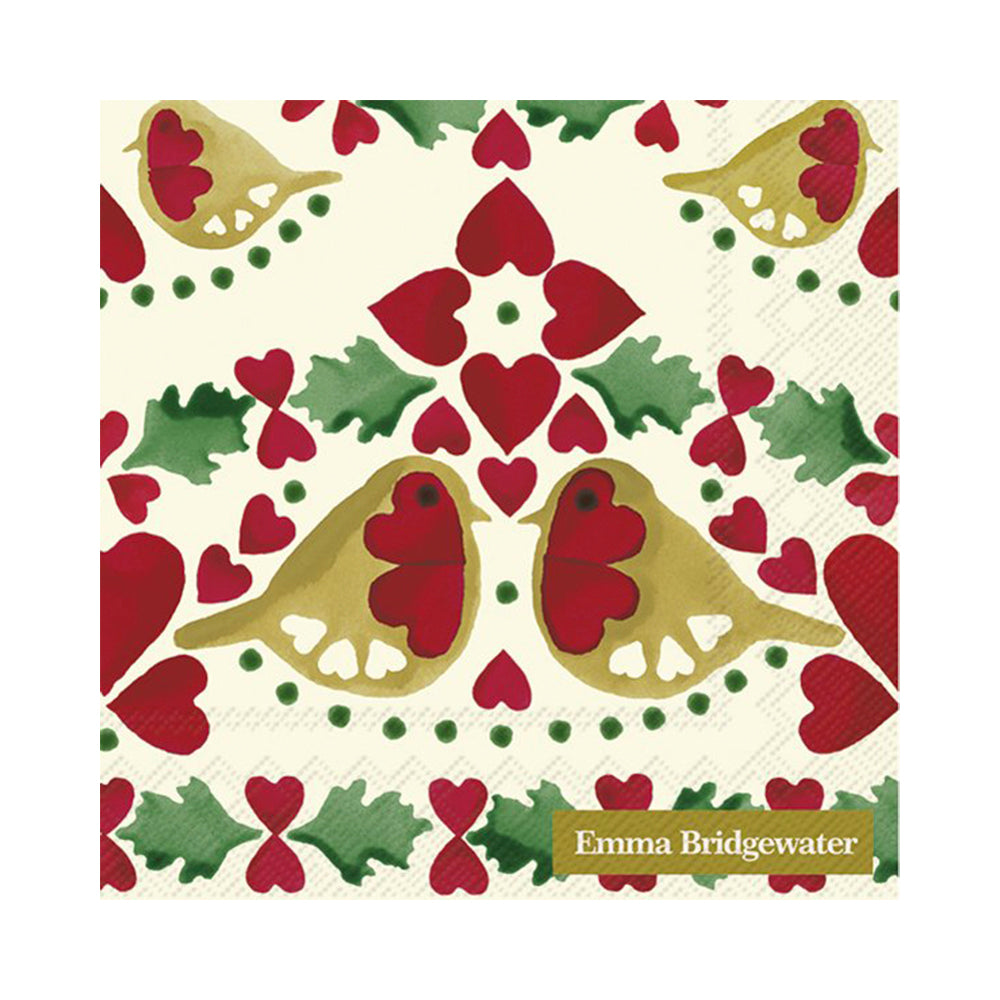 Emma Bridgewater Christmas Joy Hearts and Robins Cream IHR Paper Cocktail Napkins 25 cm square 3 ply 20 pack