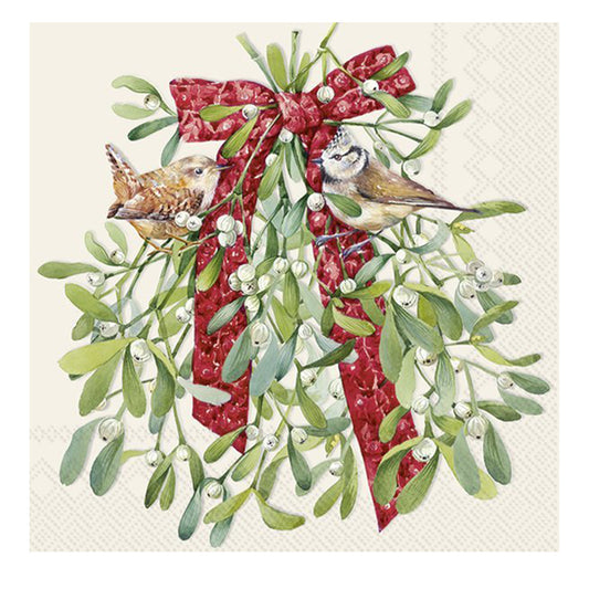Birds In Mistletoe Cream Christmas Cocktail IHR Paper Table Napkins 25 cm or 10 inches square 3 ply