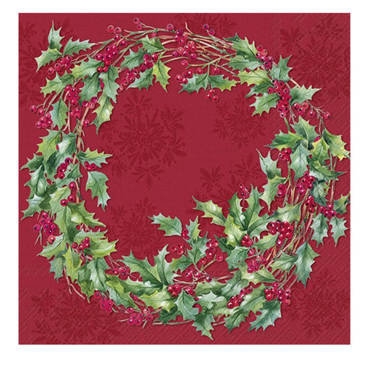 Ilex Wreath Cream Christmas Cocktail IHR Paper Table Napkins 25 cm or 10 inches square 3 ply