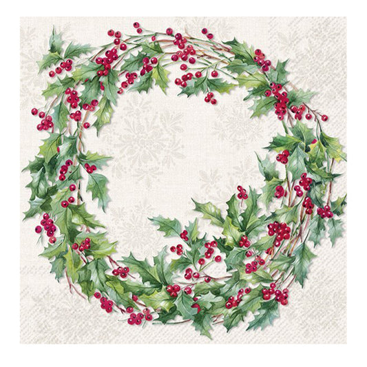 Ilex Wreath Cream Christmas Cocktail IHR Paper Table Napkins 25 cm or 10 inches square 3 ply