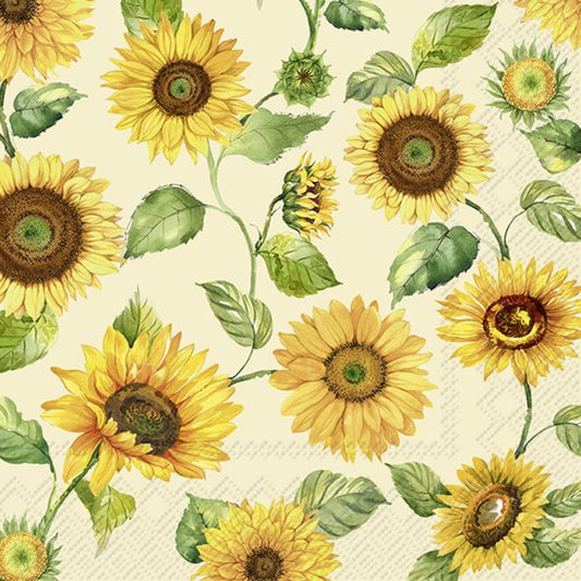 Golden Hour Cream Sunflowers IHR Paper Cocktail Napkins 25 cm 20 pack 3 ply