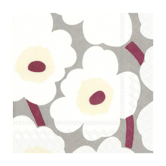 Marimekko Unikko Grey Cream Flowers Cocktail IHR Paper Table Napkins 25 cm or 10 inches square 3 ply