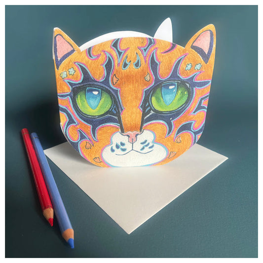 Orange Cat Face - Die Cut Card - Greeting Card  - Daniel Mackie Designs 13 cm sq wrapped in cello with envelope