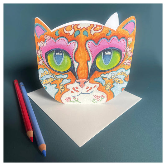 Ginger Cat Face - Die Cut Card - Greeting Card  - Daniel Mackie Designs 13 cm sq wrapped in cello with envelope