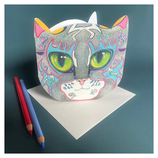 Stripped Grey Cat Face - Die Cut Card Greeting Card  - Daniel Mackie Designs 13 cm sq wrapped in cello with envelope